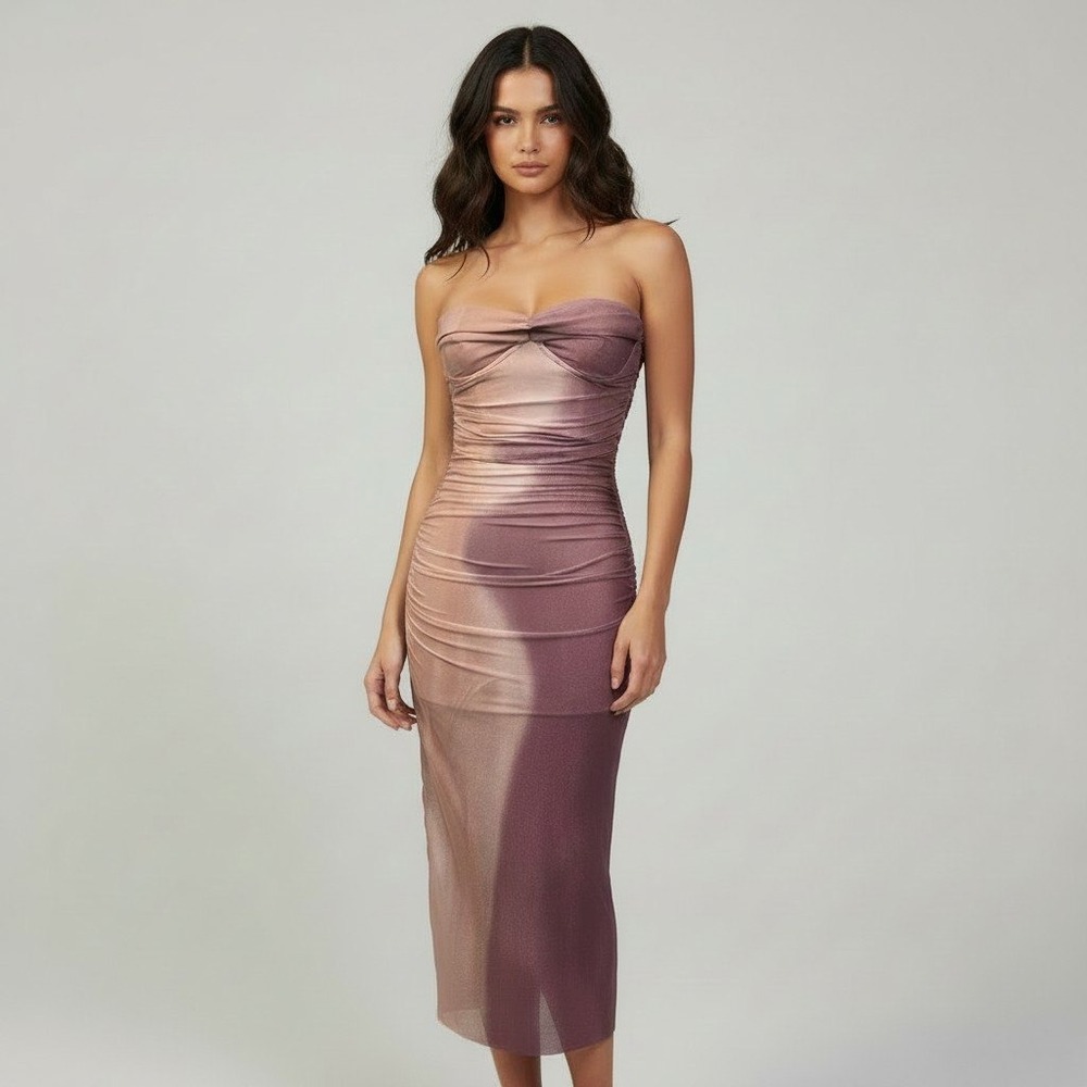 Zara Womens Pink Purple Ombre Ruched Mesh Strapless Midi Dress Size Small